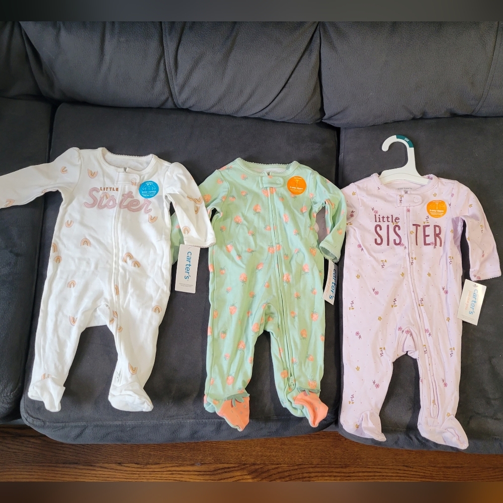 3 Pairs - Carter's 3 Month Pajamas - 2-Way Zip - Sister & Strawberries - NWT